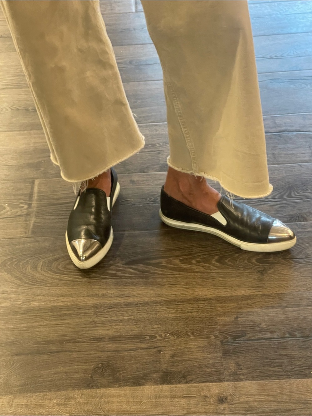 Miu Miu Black Leather Slip-Ons with Silver Cap Toe - Picture 2 of 9